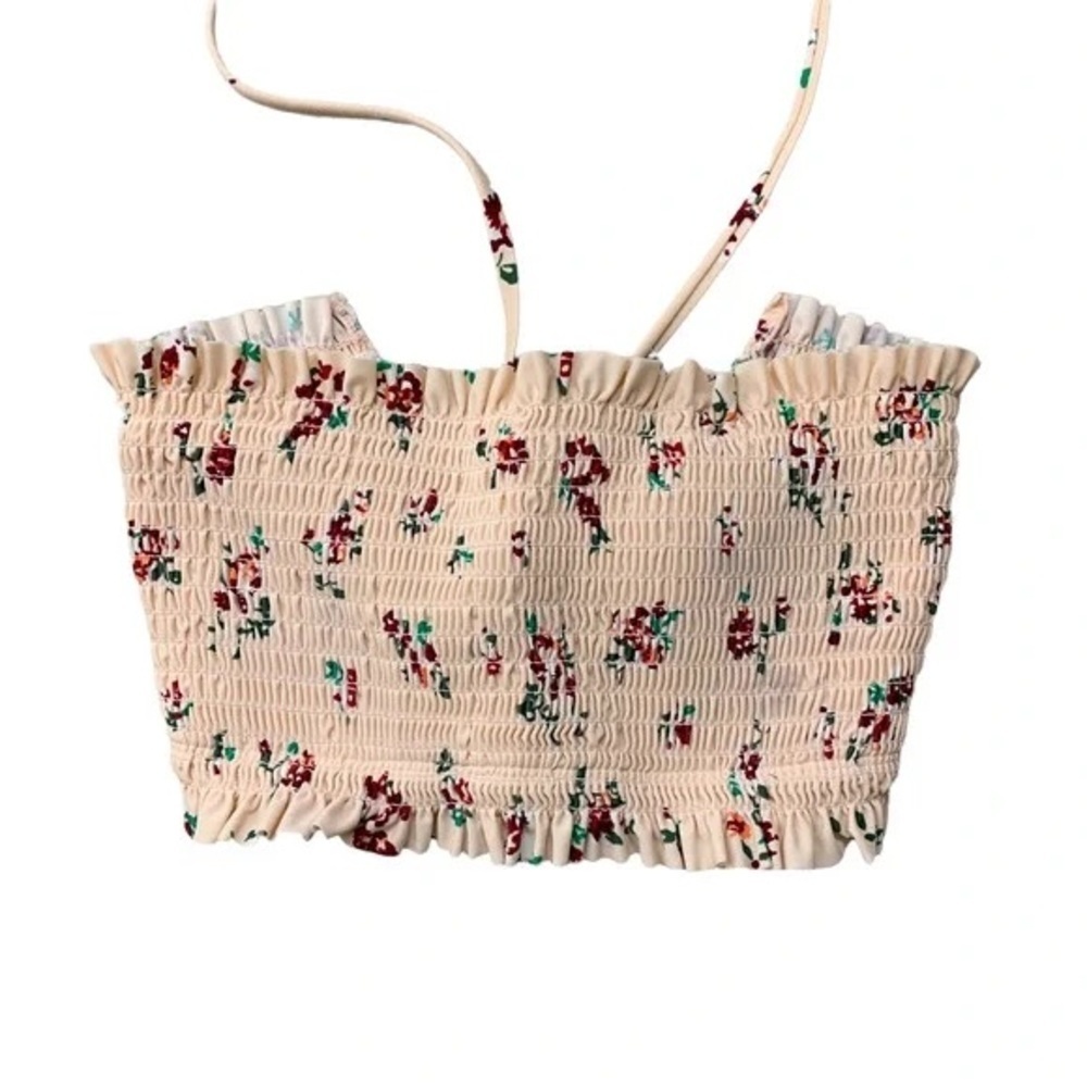 Ruched bandeau swim top with flower design crochet tie up tube top size s